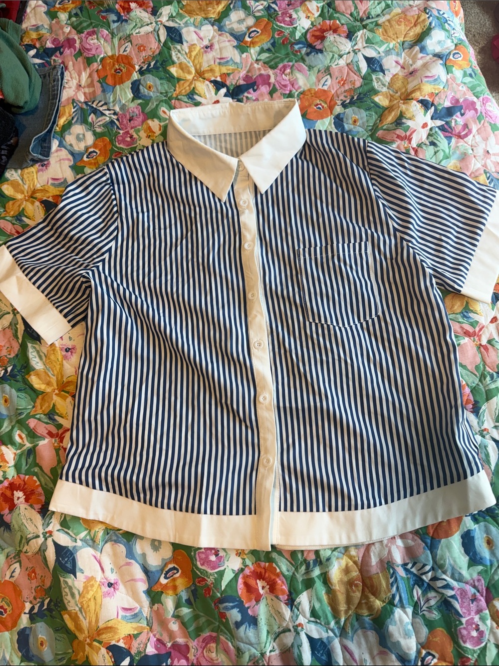 Classic Navy & White Striped Short-Sleeve Button-Down Shirt